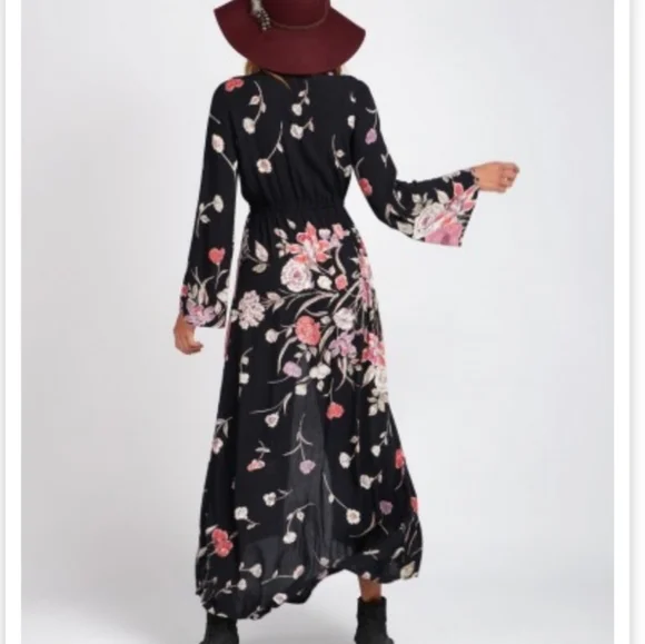 Billabong Desi Kimono Maxi Dress V Neck Button Front Floral Print Black Med NWT - Picture 12 of 16